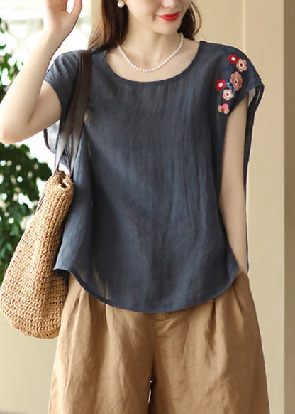 Navy Summer Shirts O Linen Neck T Loose Embroidered FashionChic