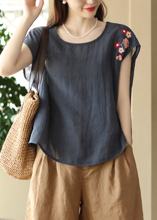 Navy Summer Shirts O Linen Neck T Loose Embroidered FashionChic