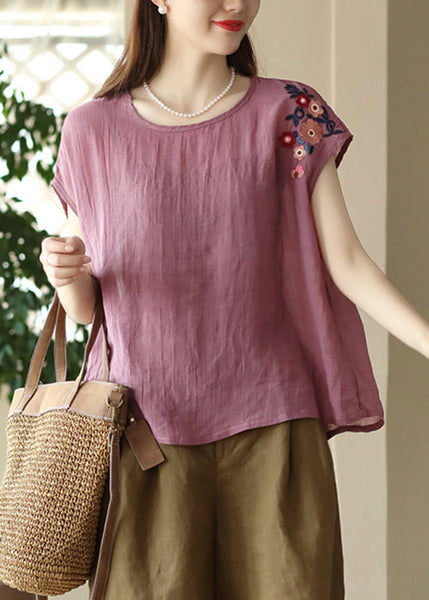 Navy Summer Shirts O Linen Neck T Loose Embroidered FashionChic