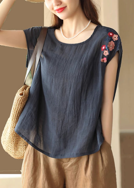 Navy Summer Shirts O Linen Neck T Loose Embroidered FashionChic