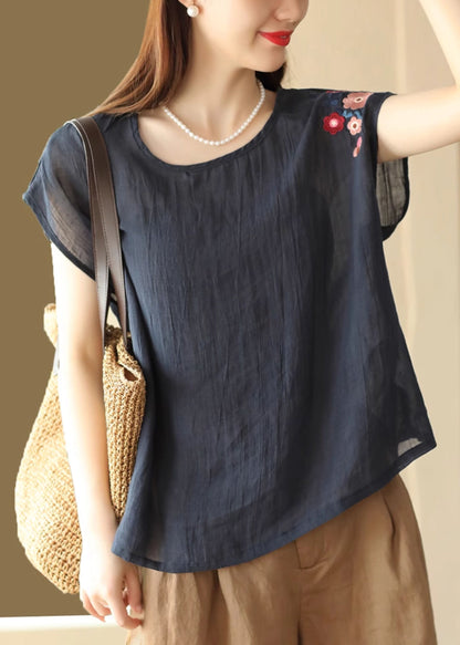 Navy Summer Shirts O Linen Neck T Loose Embroidered FashionChic