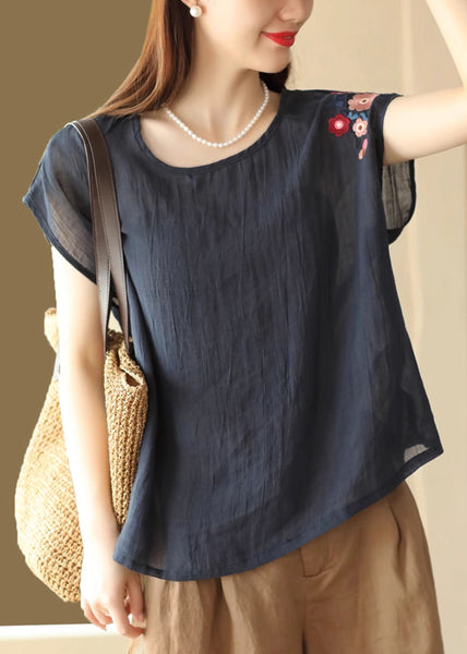 Navy Summer Shirts O Linen Neck T Loose Embroidered FashionChic