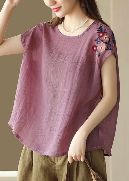 Navy Summer Shirts O Linen Neck T Loose Embroidered FashionChic