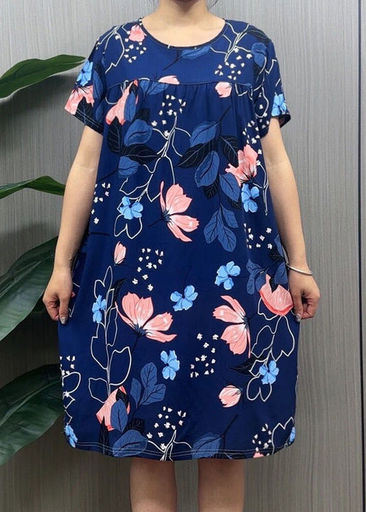 Loose Navy O Neck Print Cotton Pajamas Dresses Summer MN036 MMDM-SDL240704