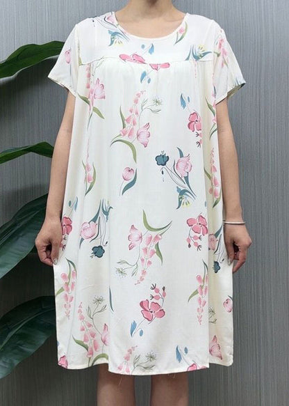 Loose Navy O Neck Print Cotton Pajamas Dresses Summer MN036 MMDM-SDL240704
