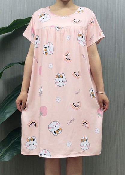 Loose Navy O Neck Print Cotton Pajamas Dresses Summer MN036 MMDM-SDL240704