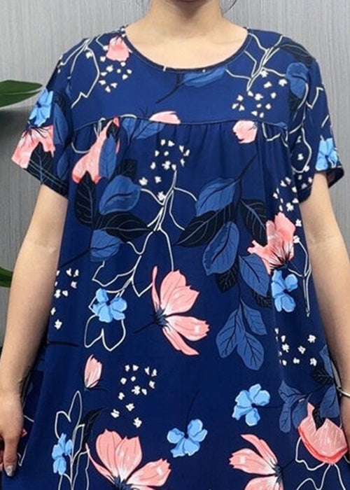Loose Navy O Neck Print Cotton Pajamas Dresses Summer MN036 MMDM-SDL240704