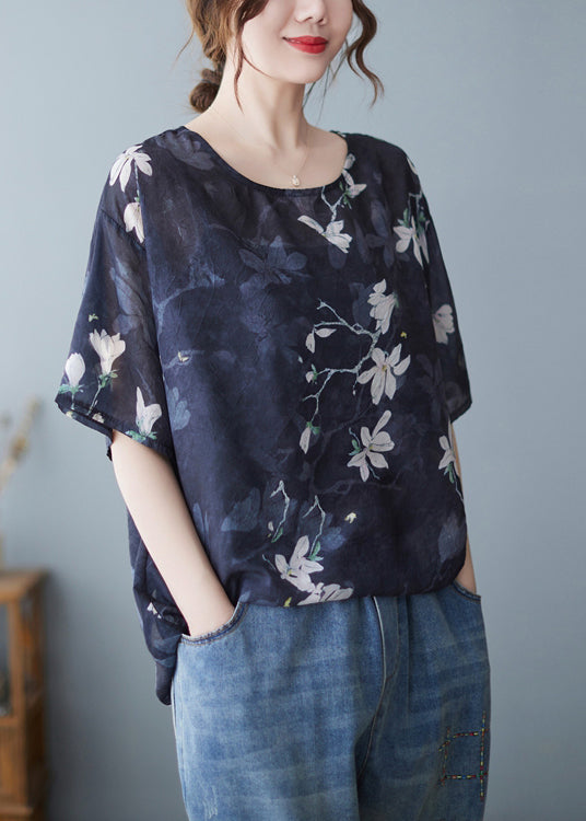 Loose Navy O Neck Print Linen T Shirts Summer JH020 MMDM-STP240717