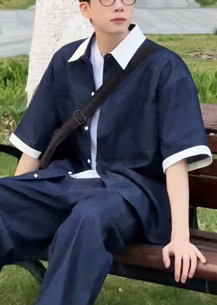 Loose Pan Patchwork Mens Collar Peter Summer Shirts Navy Denim FashionChic