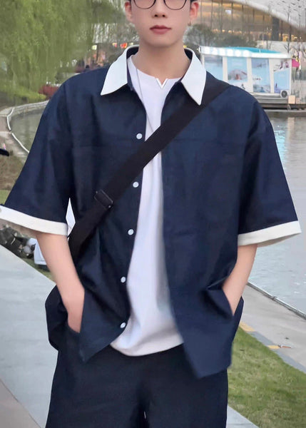 Loose Pan Patchwork Mens Collar Peter Summer Shirts Navy Denim FashionChic