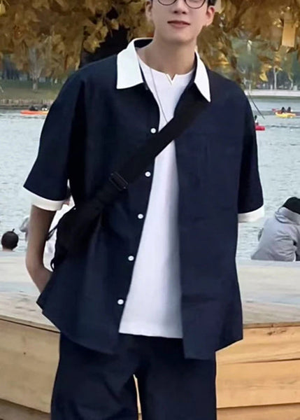 Loose Pan Patchwork Mens Collar Peter Summer Shirts Navy Denim FashionChic