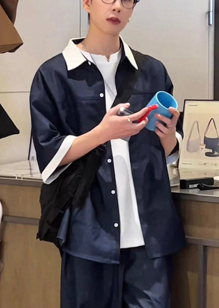 Loose Pan Patchwork Mens Collar Peter Summer Shirts Navy Denim FashionChic