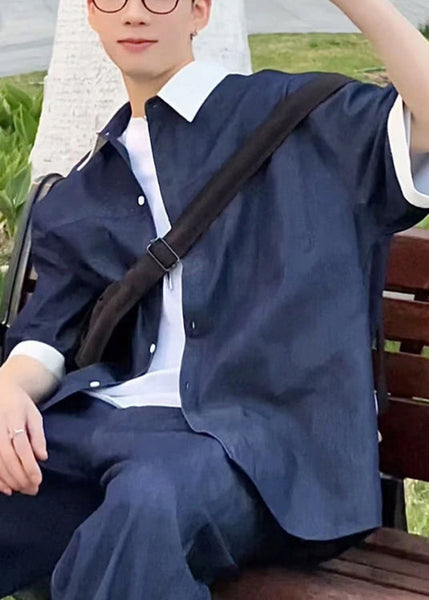 Loose Pan Patchwork Mens Collar Peter Summer Shirts Navy Denim FashionChic