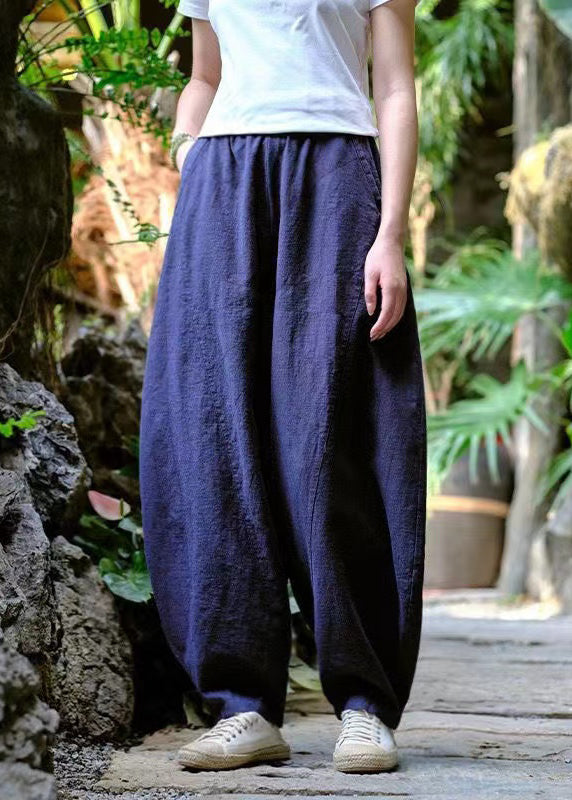 Loose Navy Pockets Elastic Waist Linen Pants Trousers Summer QK008 BB-LPTS241022