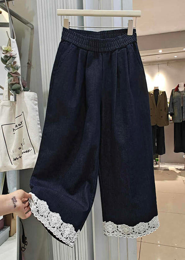 Patchwork Lace Loose Crop Summer Denim Navy Pockets Pants FashionChic