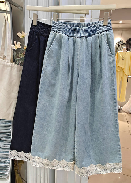Patchwork Lace Loose Crop Summer Denim Navy Pockets Pants FashionChic