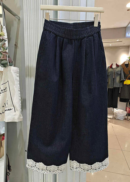 Patchwork Lace Loose Crop Summer Denim Navy Pockets Pants FashionChic