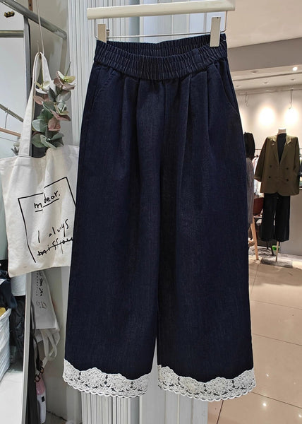 Patchwork Lace Loose Crop Summer Denim Navy Pockets Pants FashionChic