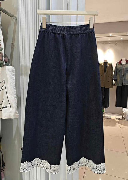 Patchwork Lace Loose Crop Summer Denim Navy Pockets Pants FashionChic