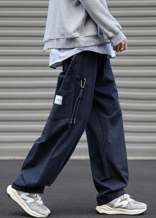 Drawstring Navy Pants Pockets Solid Mens Cotton Spring Loose FashionChic