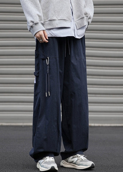 Drawstring Navy Pants Pockets Solid Mens Cotton Spring Loose FashionChic
