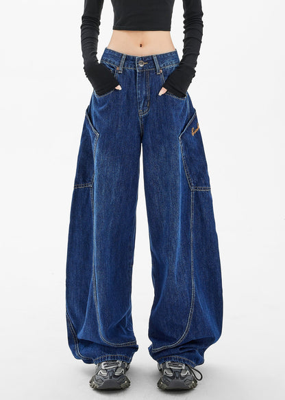 Loose Navy Pockets Wide Leg Denim Pants Spring TA058