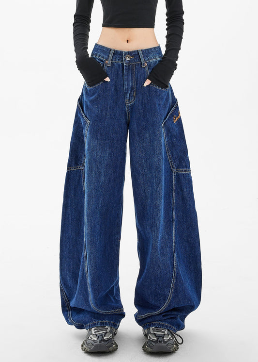 Loose Navy Pockets Wide Leg Denim Pants Spring TA058