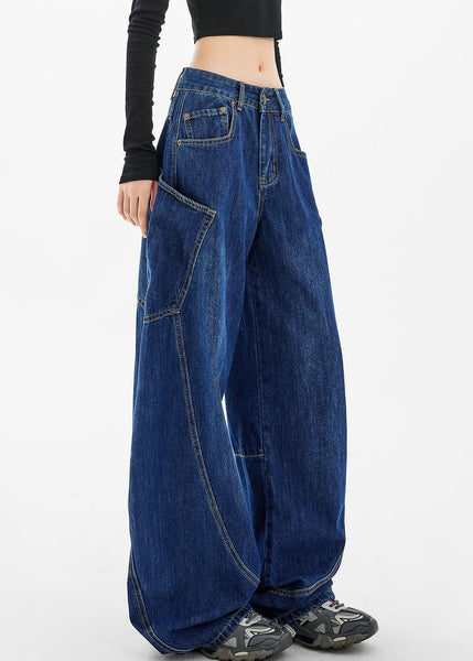 Loose Navy Pockets Wide Leg Denim Pants Spring TA058