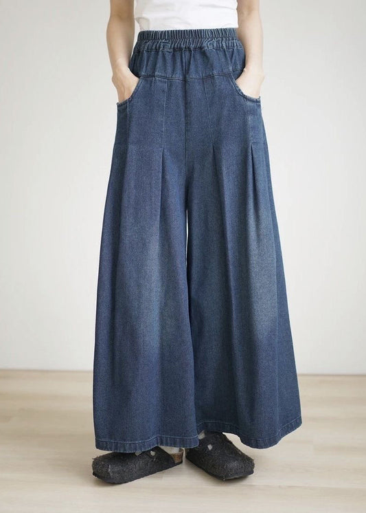 Loose Navy Pockets Wrinkled Denim Wide Leg Pants Summer BV084 MZF-CPTS240702