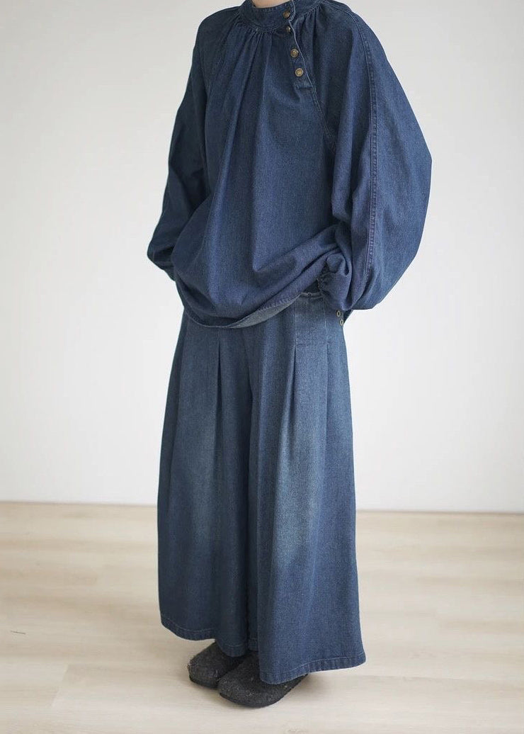 Loose Navy Pockets Wrinkled Denim Wide Leg Pants Summer BV084 MZF-CPTS240702