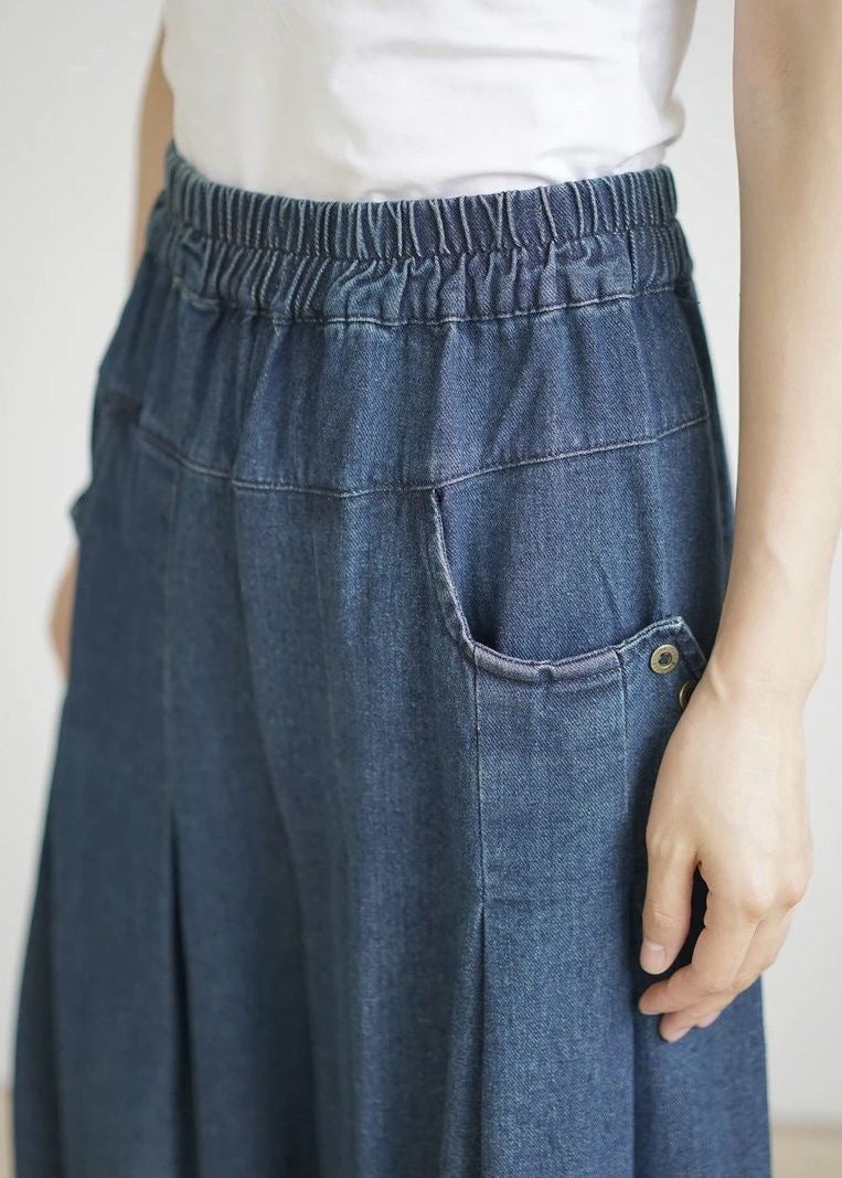 Loose Navy Pockets Wrinkled Denim Wide Leg Pants Summer BV084 MZF-CPTS240702