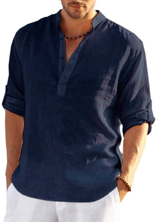 Cotton Navy Fall Loose Collar Shirts Button Solid Stand Mens FashionChic