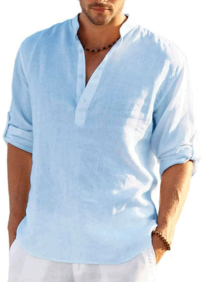 Cotton Navy Fall Loose Collar Shirts Button Solid Stand Mens FashionChic