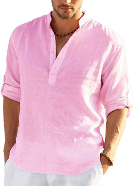 Cotton Navy Fall Loose Collar Shirts Button Solid Stand Mens FashionChic