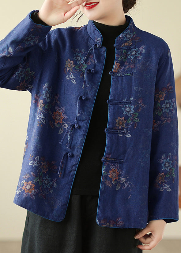 Loose Navy Stand Collar Chinese Button Cotton Filled Parkas Winter QO060 MZF-DJK241008