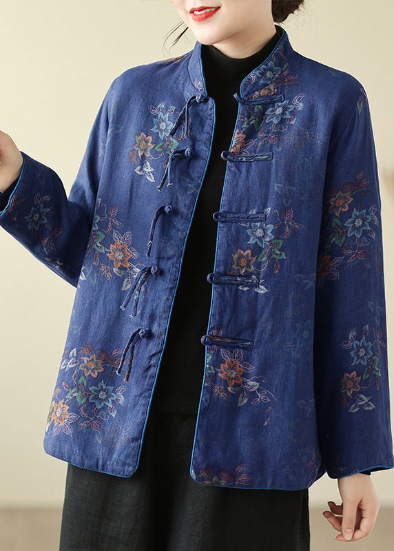 Loose Navy Stand Collar Chinese Button Cotton Filled Parkas Winter QO060 MZF-DJK241008