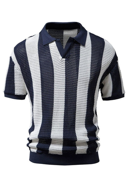 Striped Shirt Polo Knit And Loose Men Hollow Navy Out FashionChic
