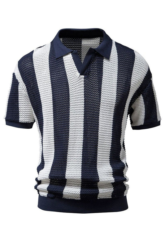 Striped Shirt Polo Knit And Loose Men Hollow Navy Out FashionChic