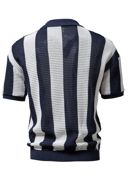 Striped Shirt Polo Knit And Loose Men Hollow Navy Out FashionChic