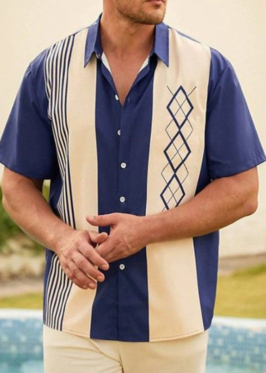 Patchwork Navy Striped Men Loose Cotton Shirts Summer FashionChic
