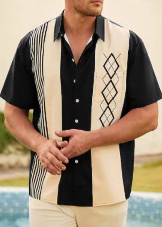 Patchwork Navy Striped Men Loose Cotton Shirts Summer FashionChic