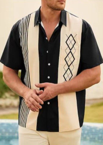 Patchwork Navy Striped Men Loose Cotton Shirts Summer FashionChic
