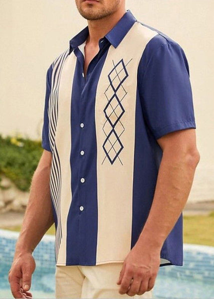 Patchwork Navy Striped Men Loose Cotton Shirts Summer FashionChic
