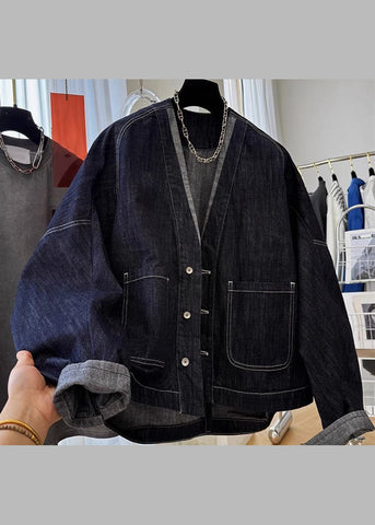 Coats Sleeve Batwing Denim Navy V Pockets Button Neck Loose FashionChic