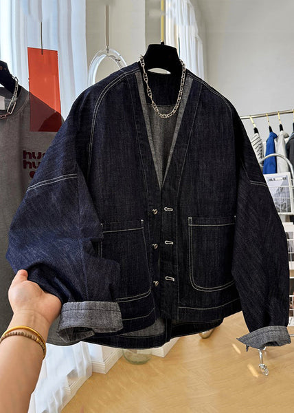 Coats Sleeve Batwing Denim Navy V Pockets Button Neck Loose FashionChic