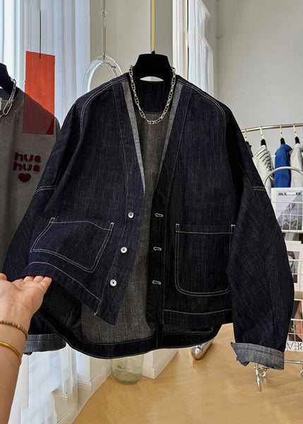 Coats Sleeve Batwing Denim Navy V Pockets Button Neck Loose FashionChic