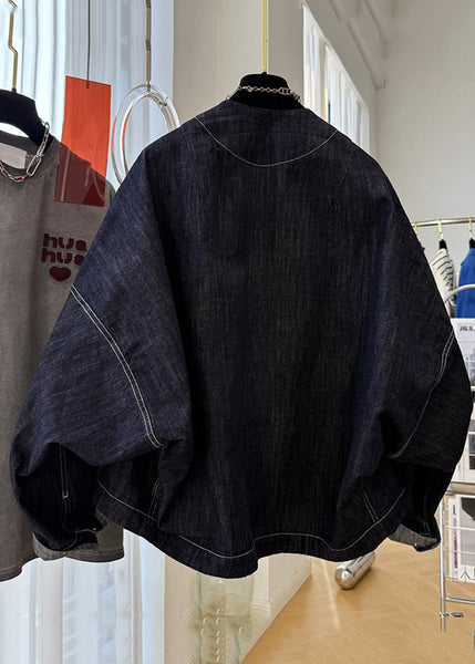 Coats Sleeve Batwing Denim Navy V Pockets Button Neck Loose FashionChic