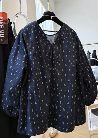 Fall Cotton Loose Print V Shirts Neck Navy FashionChic