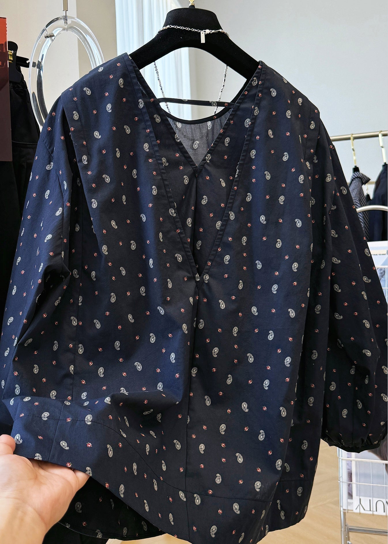Fall Cotton Loose Print V Shirts Neck Navy FashionChic