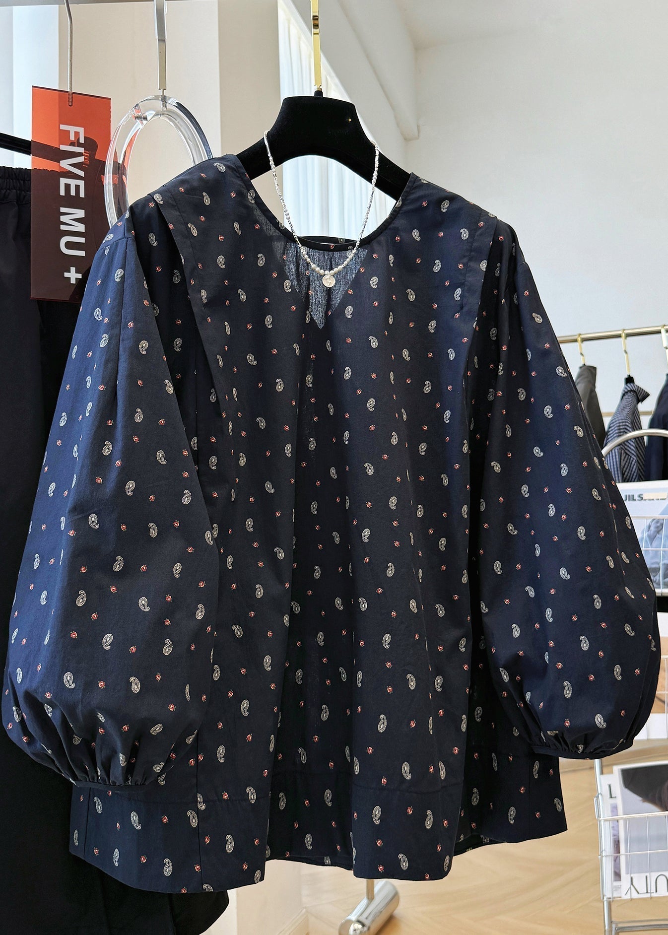 Fall Cotton Loose Print V Shirts Neck Navy FashionChic